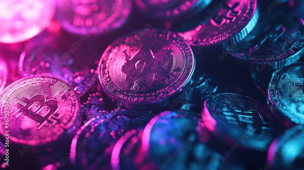 Poster a close-up of digital coins with a blockchain background, representing the concept of
