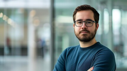 Portrait of a Software Developer in a Blurred Tech Office Background, Portrait Shot, Software Developer, Tech Office Background