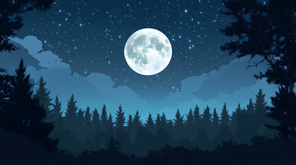 Naklejka premium A full moon seen through the trees in the night sky with stars in the sky and in the foreground is a dark blue sky with white clouds and stars. Full Moon Night. Illustration