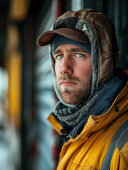 Portrait of a man in winter gear with a serious expression outdoors.