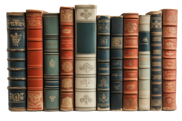 A collection of ten antique leather-bound books lined up side by side, showcasing varying colors and textures isolated on white background.