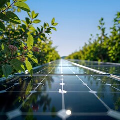 Solar Panel Close-up. Detailed view of solar panel cells with green leaves in foreground, highlighting renewable energy technology in nature.
