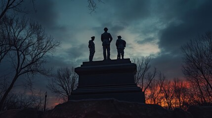 Fototapeta premium Silhouettes of Three Statues Against a Dramatic Twilight Sky