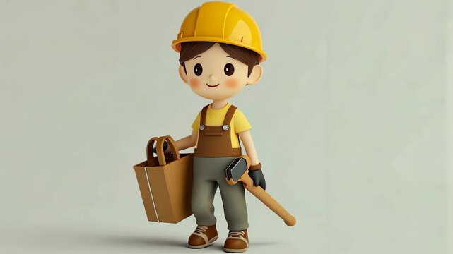 cartoon character workman with yellow hardhat, overalls and a toolbag