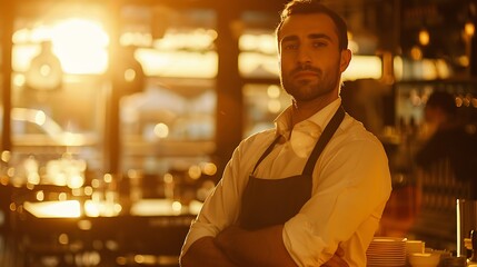 Portrait of a Waiter in a Blurred Restaurant Background, Portrait Shot, Waiter, Restaurant Background
