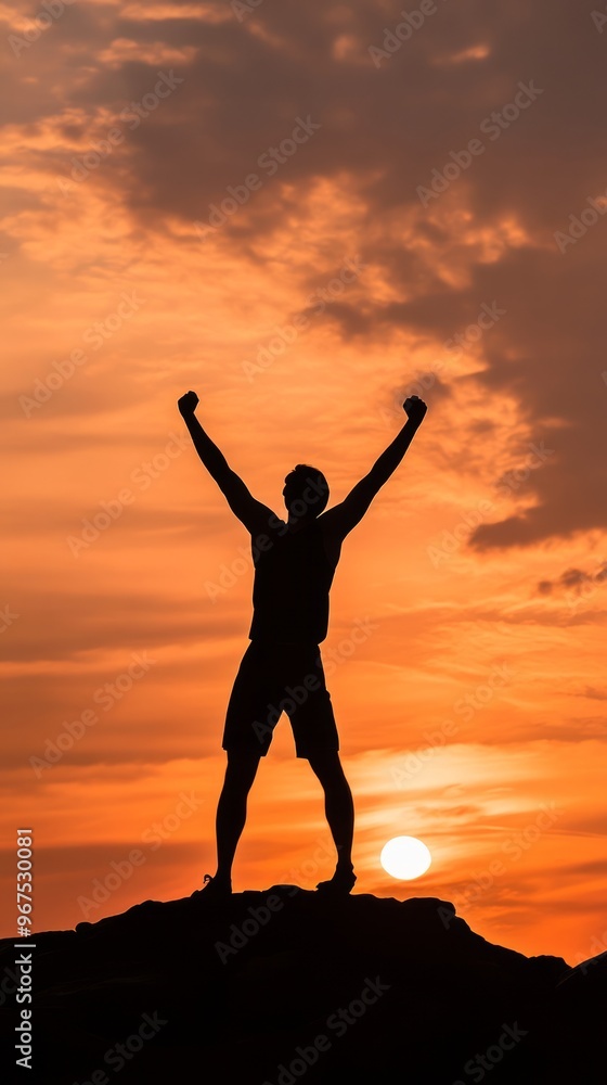 Canvas Prints Silhouette of a man with arms raised in victory against a fiery sunset sky.