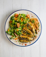Battered anchovies, traditional Spanish tapa from the Malaga area. Top view table.