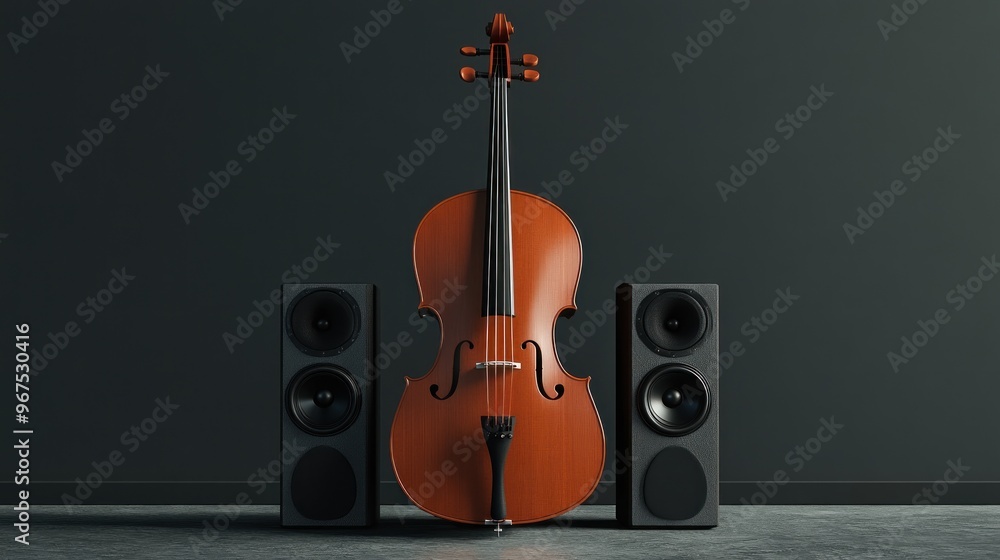 Canvas Prints Cello and Speakers Against Dark Background