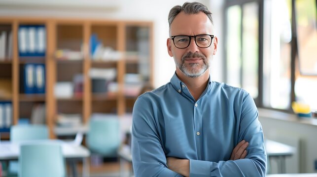 Portrait of a Substitute Teacher in a Blurred Classroom Background, Portrait Shot, Substitute Teacher, Classroom Background