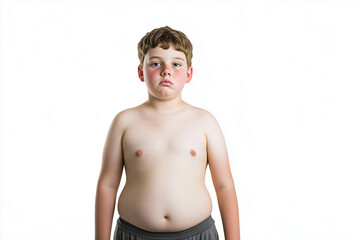 Portrait of chubby boy isolated on white background, Young patient with obesity, White boy with belly.