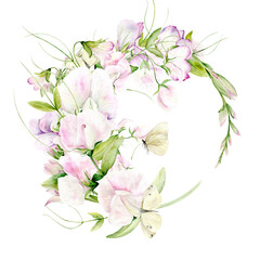Wreath of Watercolor Flowers of Fragrant Peas and Butterflies on a white background. The illustration is hand drawn on a white background. Suitable for card designs, textiles and scrapbooking.
