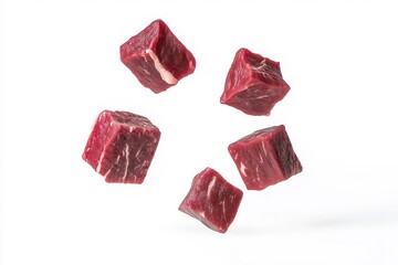 Raw beef cubes falling through the air