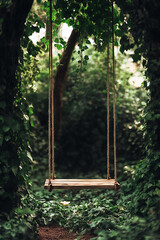 beautiful wooden swing hanging on a tree with beautiful green forest generated by AI