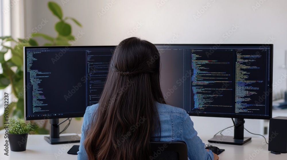 Aufkleber woman coding in front of two monitors
