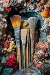 A vibrant collection of worn paintbrushes surrounded by colorful textures evokes creative inspiration and artistic expression.