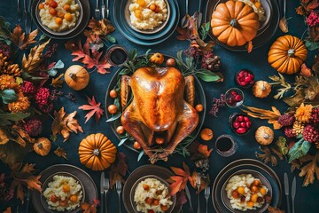 A table with a large turkey and many fall fruits and vegetables