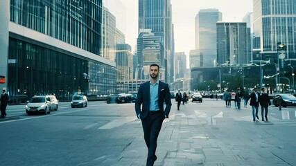 A fashionable and stylish man is walking confidently through a vibrant modern cityscape during bright daylight hours