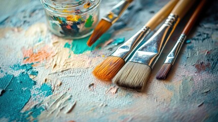 Fototapeta premium Paintbrushes on a Canvas with Palette Knife