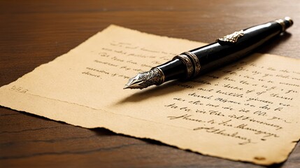 Fototapeta premium Generative AI, A handwritten letter with a pen and wax seal stamp on a wooden desk. The scene exudes a vintage and personal touch