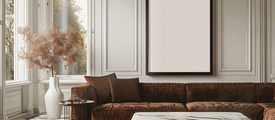 Modern Interior Design with Brown Sofa and Blank Canvas