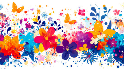 Colorful floral pattern with vibrant butterflies and artistic splashes isolated on transparent background