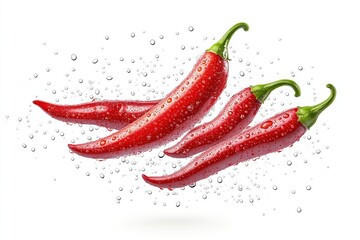 Red chili peppers soaking in water droplets on white background