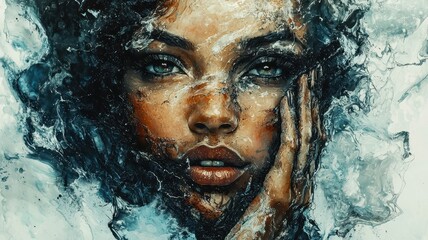 A stunning portrait of an expressive woman, blended with abstract elements reflecting deep emotions and artistic beauty.