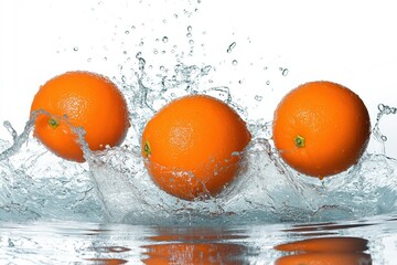 Three ripe oranges splashing into water on white background