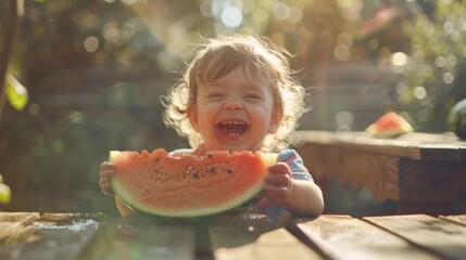 Joyful child holding a big slice of watermelon in sunlight. A moment of happiness captured in a garden setting.