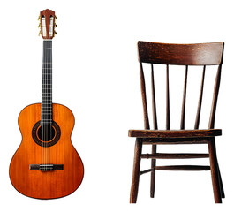 Acoustic guitar beside a wooden chair in a cozy space isolated on transparent background