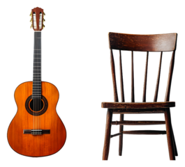 Acoustic guitar beside a wooden chair in a cozy space isolated on transparent background