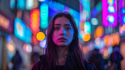 A woman stands in a vibrant city lit by neon lights, capturing the essence of urban nightlife. The colors create a captivating atmosphere.