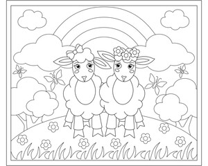 Two Sheep girlfriends in a meadow against the backdrop of a rainbow and clouds - a vector linear picture for coloring. Outline. Cute sheep on the background of the landscape. Trees, bushes and grass