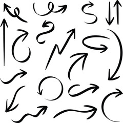 Set of black arrows icons. Hand drawn arrow vector icons collection. Doodle sketch arrow design for business plan and education.