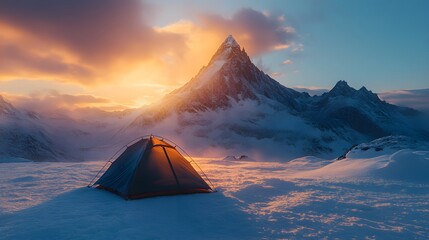 Black tent in snowy landscape, majestic snow-capped mountain peak, twilight sky, golden sunset glow, pristine white snow, winter camping scene, extreme adventure.