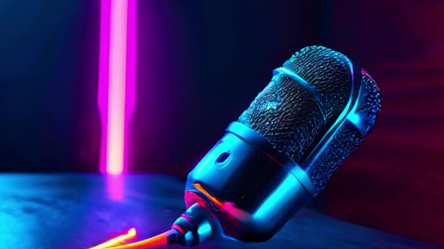 A close-up of a microphone with neon lights in the background.