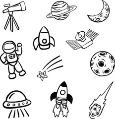 Obraz premium Hand drawn outer space. Doodle space, planets, moon, telescope, cosmic rocket, spacecrafts, asteroid, ufo, star, Rocket, astronaut, spacecraft satellite. vector illustration