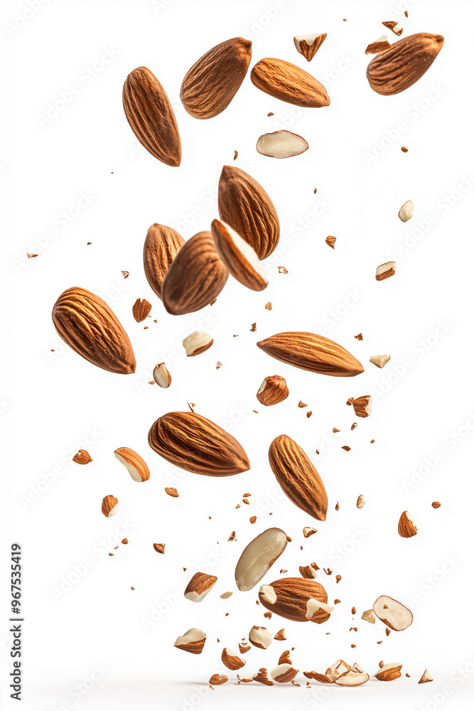 Poster tasty almonds exploding on white background