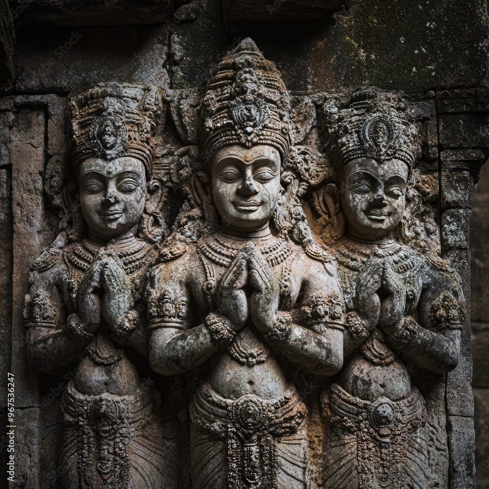 Wall mural Three stone carvings of deities in prayer pose, weathered and aged, on a temple wall.