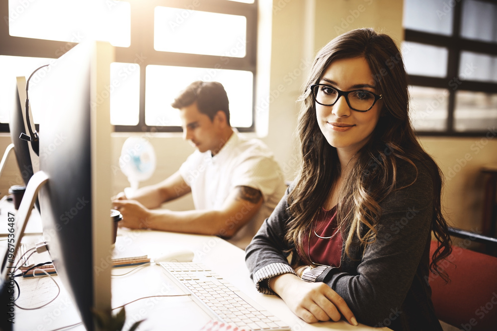 Poster office, portrait and businesswoman with computer for software, typing and online content with techno