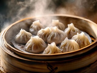 Delectable Steaming Xiaolongbao Dumplings Showcased in a Traditional Bamboo Basket - Authentic Chinese Cuisine, Dim Sum Delights, and Culinary Traditions