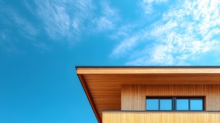 Brown wooden house, eco-friendly architecture, timber construction, overhanging roof, modern cabin design, blue sky background, cirrocumulus clouds, sustainable living.