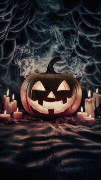 Halloween horror image of a creepy Jack O'Lantern pumpkin surrounded by smoke and candles on a dark background, creating a chilling festive atmosphere.