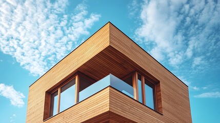 Brown wooden house, eco-friendly architecture, timber construction, overhanging roof, modern cabin design, blue sky background, cirrocumulus clouds, sustainable living.