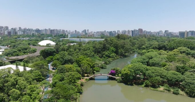 Aerial view of Ibirapuera Park featuring a serene lake, lush greenery, and a striking skyline, Sao Paulo, Brazil.