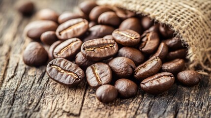 Naklejka premium Roasted Coffee Beans in a Burlap Bag on Rustic Wooden Background