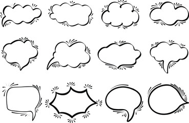 Collection of doodle comic speech bubbles with splash effect. Hand drawn speech clouds, balloons chat retro cartoon stickers. Pop art, outline Vector illustration.