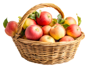 Freshly harvested apples in a wicker basket isolated on transparent background