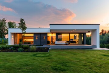 Modern one-floor house with large lawn, white and dark gray color scheme, garage, sunset view, trees, grassland, sky, Poland, hyper-realistic photography.