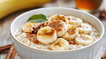 Golden Banana Oatmeal Bliss: A comforting bowl of oatmeal adorned with fresh banana slices, a sprinkle of cinnamon, and a drizzle of honey, perfect for a cozy morning start. 